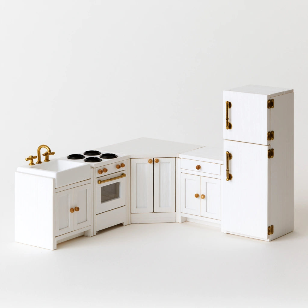 Cuisine miniature pour maison de poupée en bois, coloris blanc