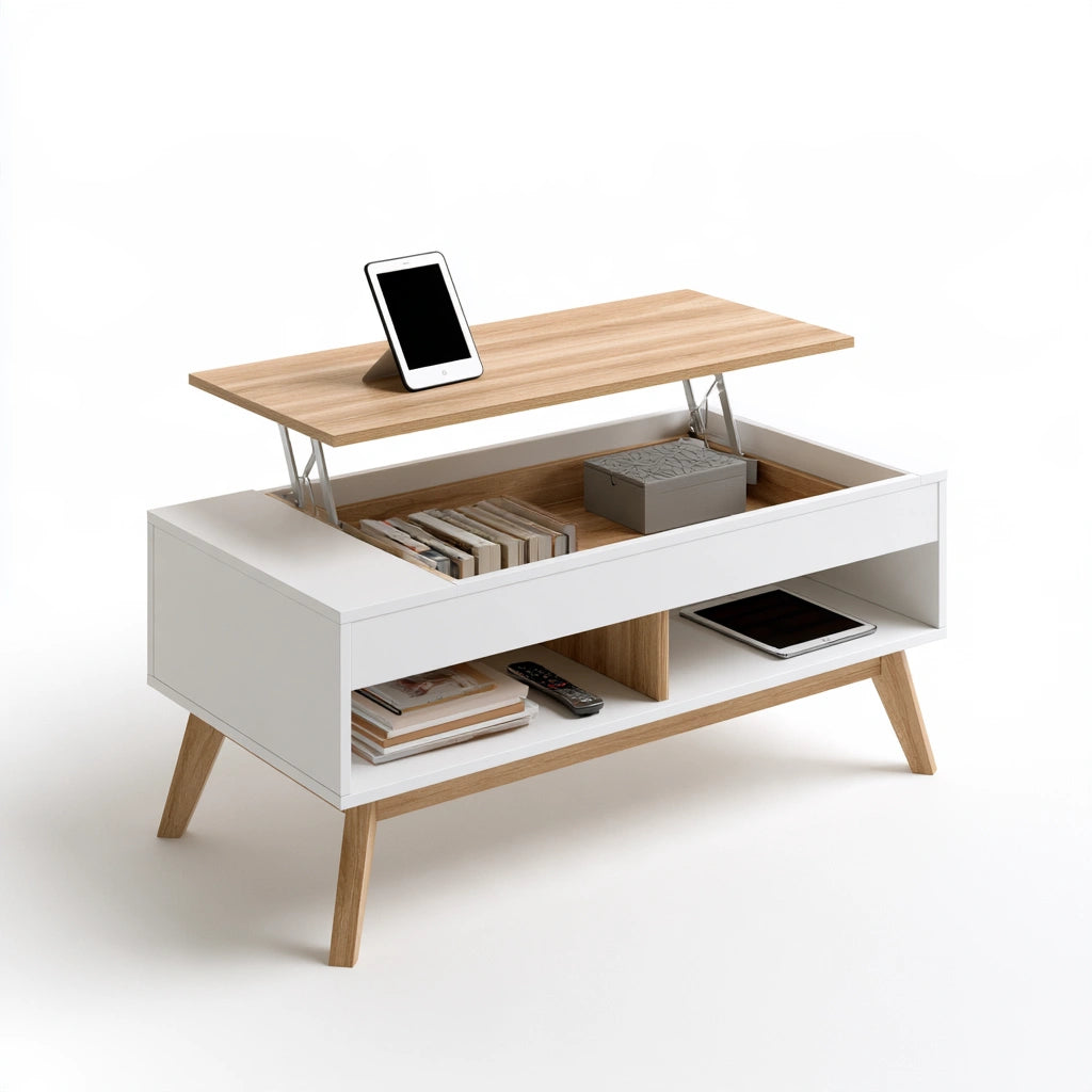 Table basse à plateau relevable aux lignes épurées à plateau relevable, coloris blanc