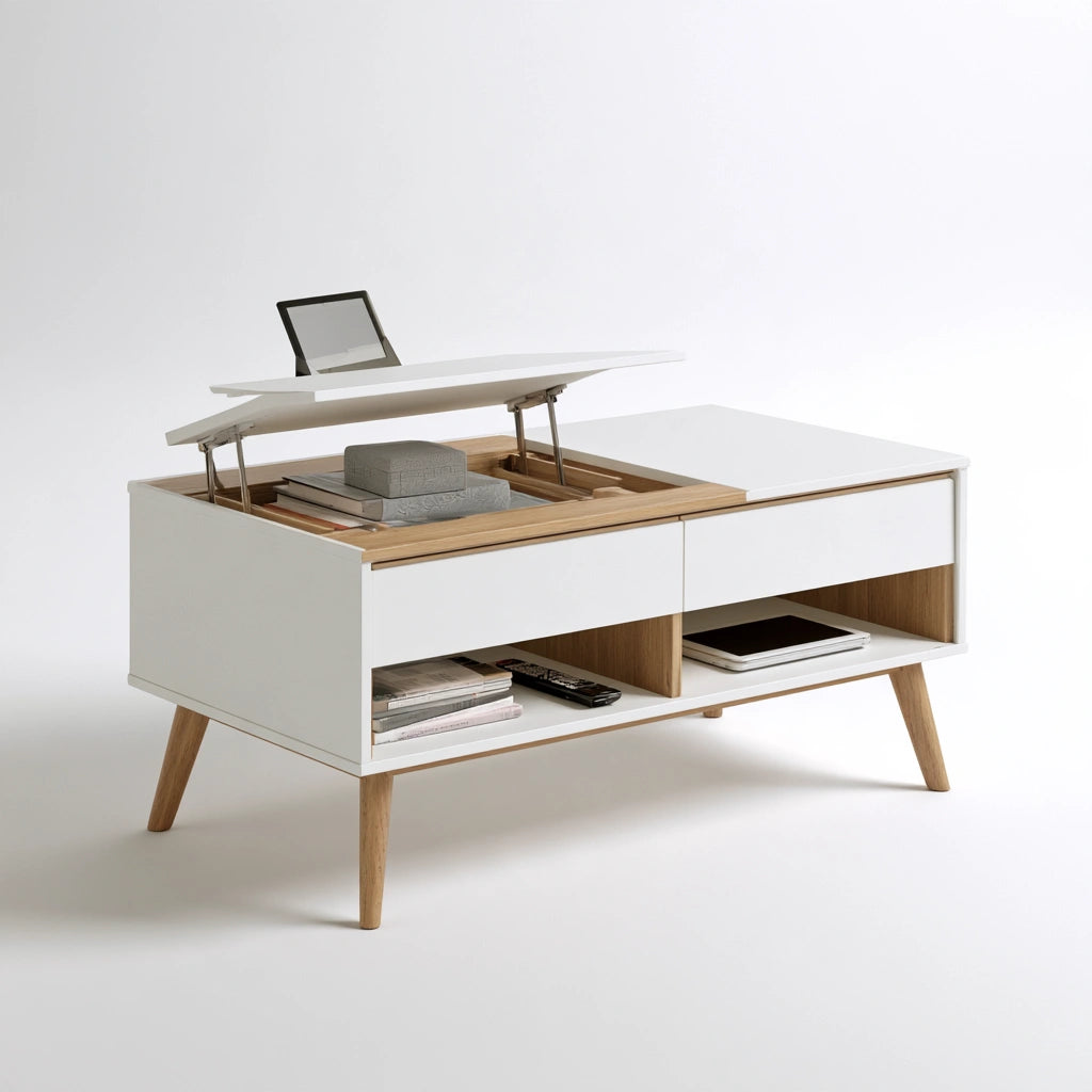 Table basse à plateau relevable aux lignes épurées à plateau relevable, coloris blanc