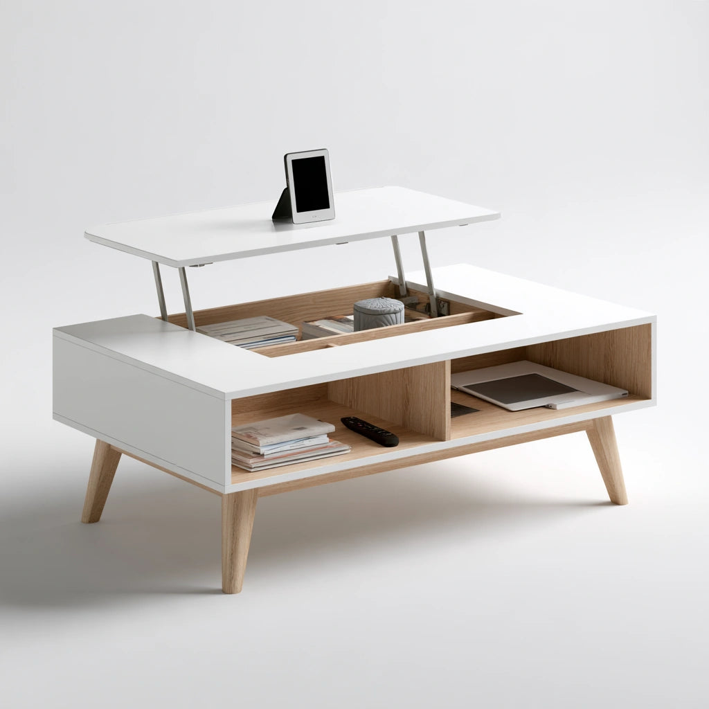 Table basse à plateau relevable aux lignes épurées à plateau relevable, coloris blanc