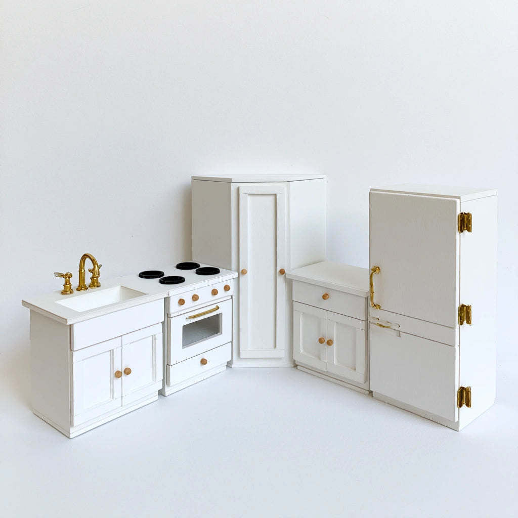 Cuisine miniature pour maison de poupée en bois, coloris blanc