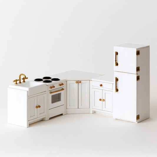 Cuisine miniature pour maison de poupée en bois, coloris blanc