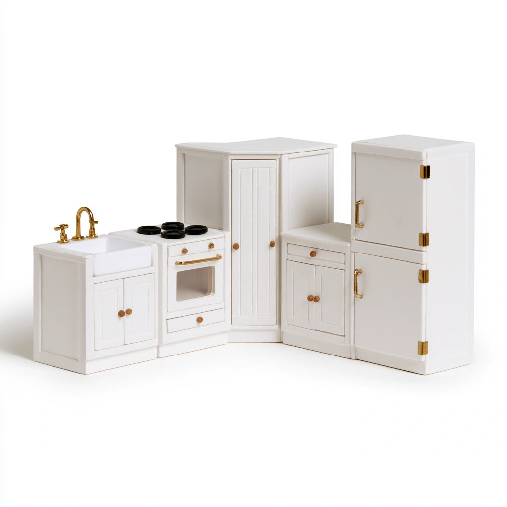 Cuisine miniature pour maison de poupée en bois, coloris blanc