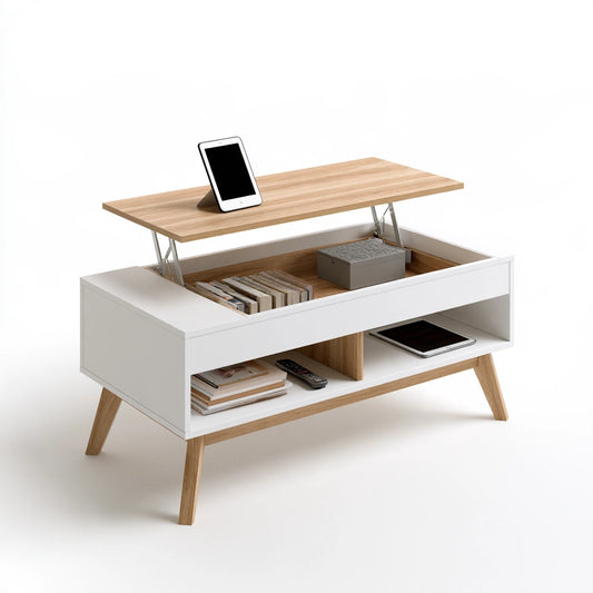Table basse à plateau relevable aux lignes épurées à plateau relevable, coloris blanc