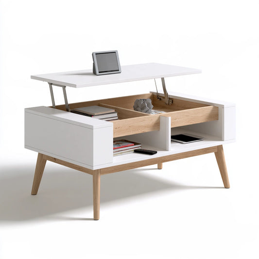 Table basse à plateau relevable aux lignes épurées à plateau relevable, coloris blanc