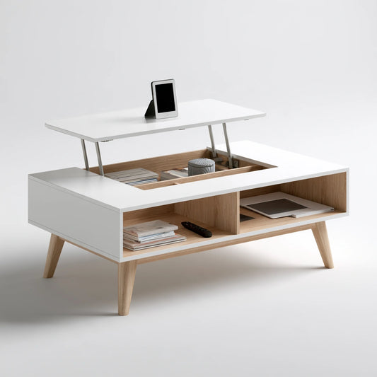 Table basse à plateau relevable aux lignes épurées à plateau relevable, coloris blanc