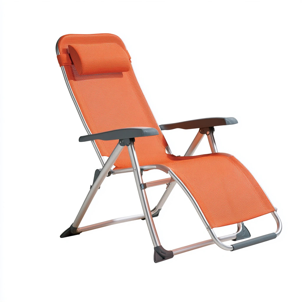 Fauteuil relax pliant avec structure en aluminium pliant, coloris orange et argenté