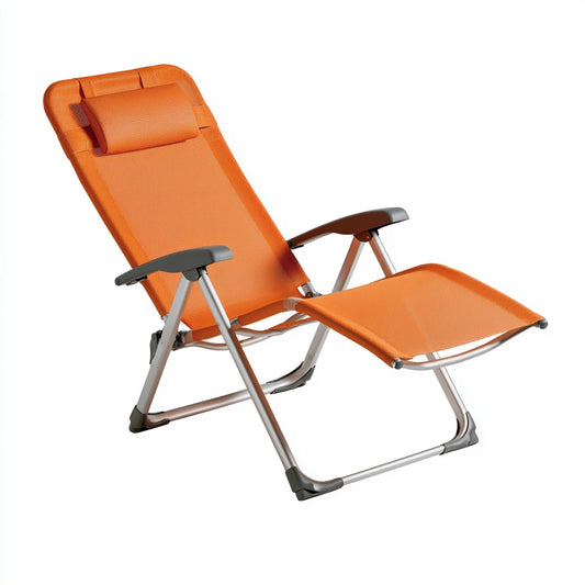 Fauteuil relax pliant avec structure en aluminium pliant, coloris orange et argenté